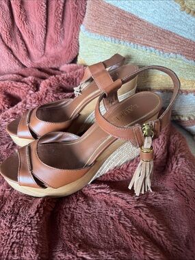 Lauren Ralph Lauren Brown Leather Tassel Wedge Sandals